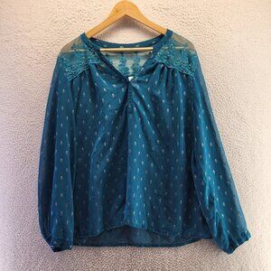 Bila Blouse Womens XL Blue Sheer Crochet Tunic Gypsy Bohemian Peasant Loose